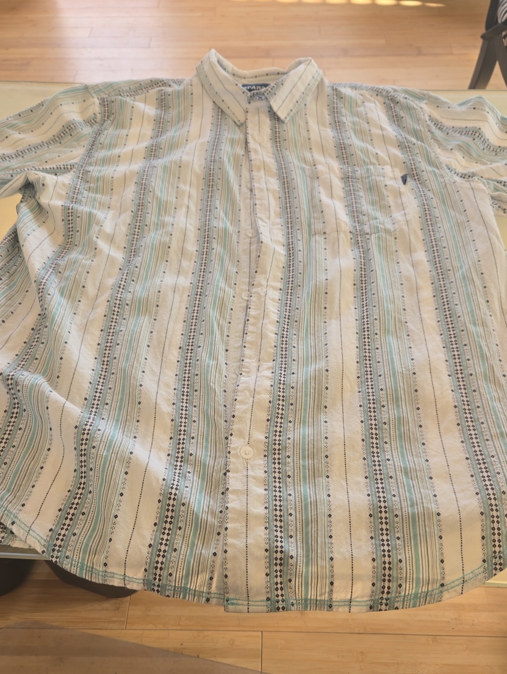 Prana Men's Cream Button-Down Shirt with Green & Blue Stripes